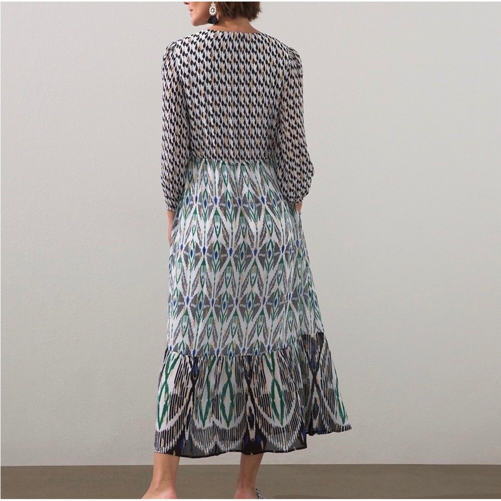 Chicos Ikat Clip Dot Maxi Dress Geo Print V Neck Long Sleeve Tiered Boho 1P/8P - Picture 2 of 14